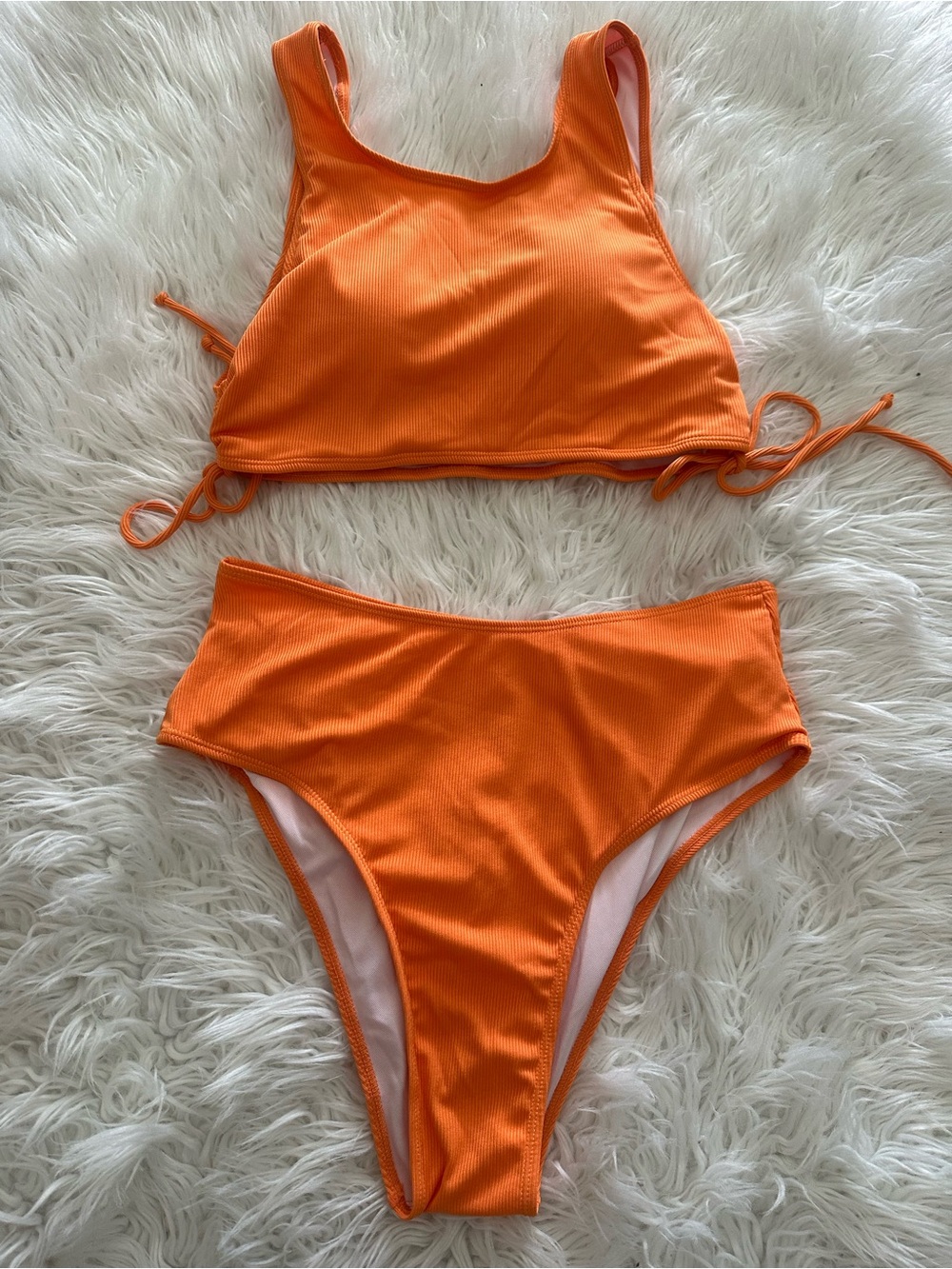 SHEIN Orange High-Waist Ribbed Two-Piece Bikini